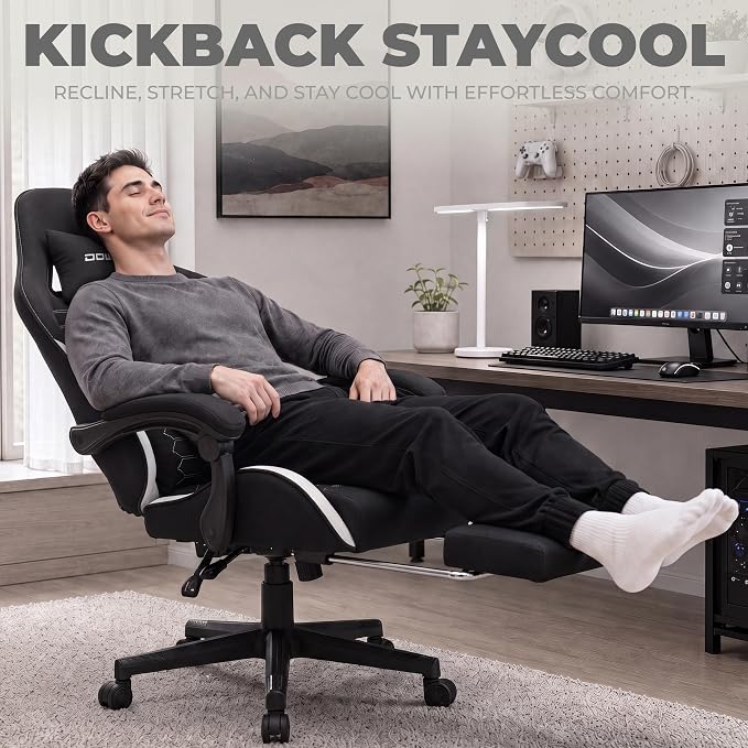 Dowinx Gaming Chair Fabric with Pocket Spring Cushion, Massage Game Chair Cloth with Headrest, Ergonomic Computer Chair with Footrest 290LBS, Black White - Image 4