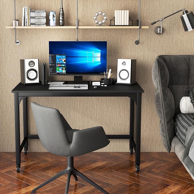 COSTWAY 48” Mobile Computer Desk, Home Office Desk on Wheels, Simple Study Writing Table with 4 Lockable Wheels, Metal Frame, Rolling Laptop PC Table for Small Space (Black) - Image 4
