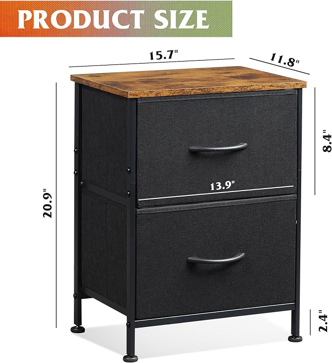 WLIVE Nightstand, 2 Drawer Dresser for Bedroom, Small Dresser with 2 Drawers, Bedside Furniture, Night Stand, End Table with Fabric Bins for Bedroom, Closet, Entryway, Black and Rustic Brown - Image 3