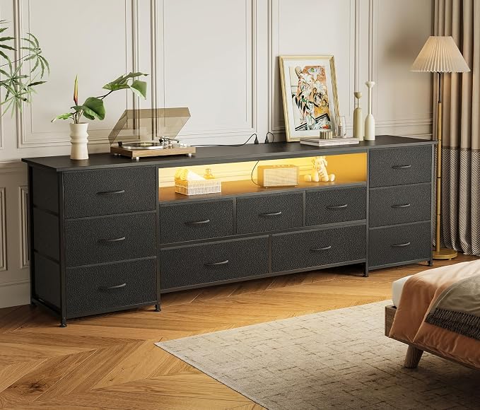Huuger 70 Inch TV Stand for 75, 80 Inch TV, 11 Drawer Long Dresser with Power Outlets and LED Lights, Entertainment Center with Storage, Black Dresser with PU Leather Surface - Image 7