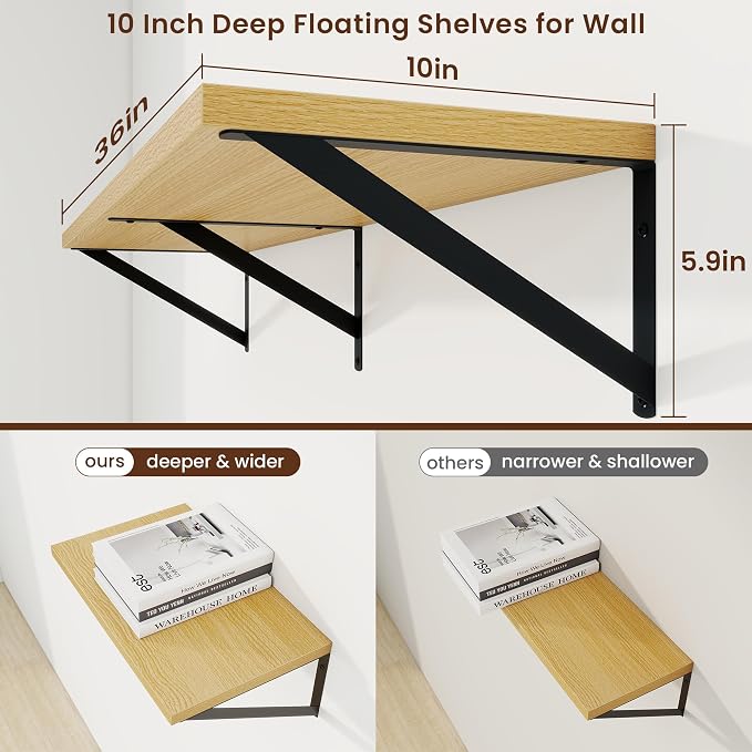 Axeman Deep Floating Shelves, 36'' x 10'' Oak Wall Shelves Set of 2 - Image 3