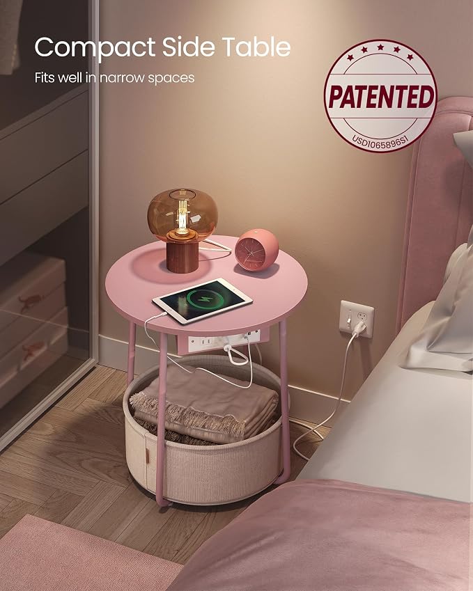 VASAGLE Side Table with Charging Station,Fabric Basket, Round End Table - Image 4