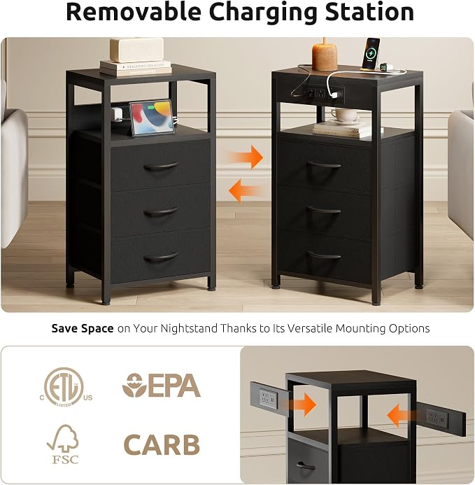 Lazzanto Night Stand with Charger Station, 3 Fabric Drawers, Black - Image 3