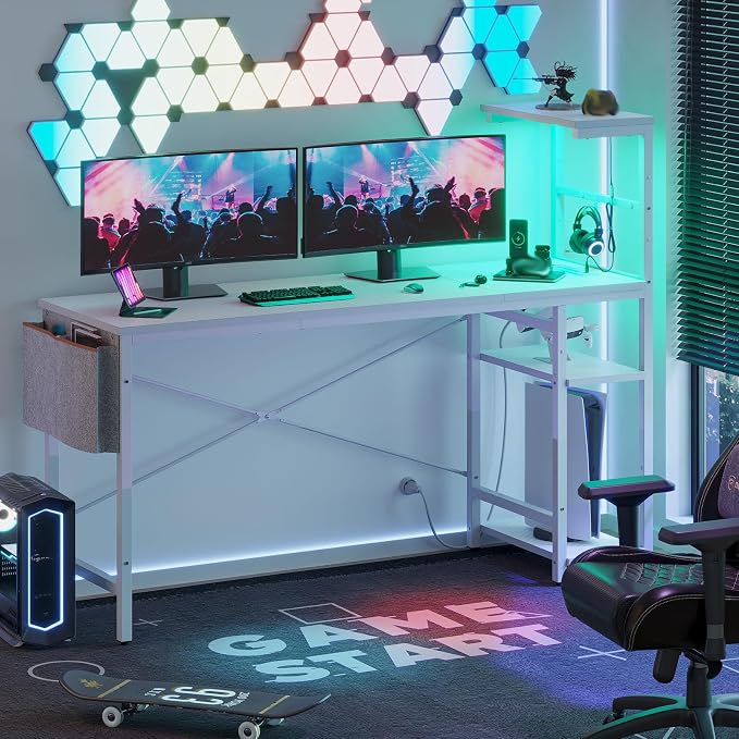 Bestier Gaming Desk with Power Outlets, 61 Inch Large Led Gamer Desk with 4 Tiers Reversible Shelves, PC Gaming Table with Headset Hook & Side Storage Bag for Bedroom (White 3D Carbon Fiber) - Image 8