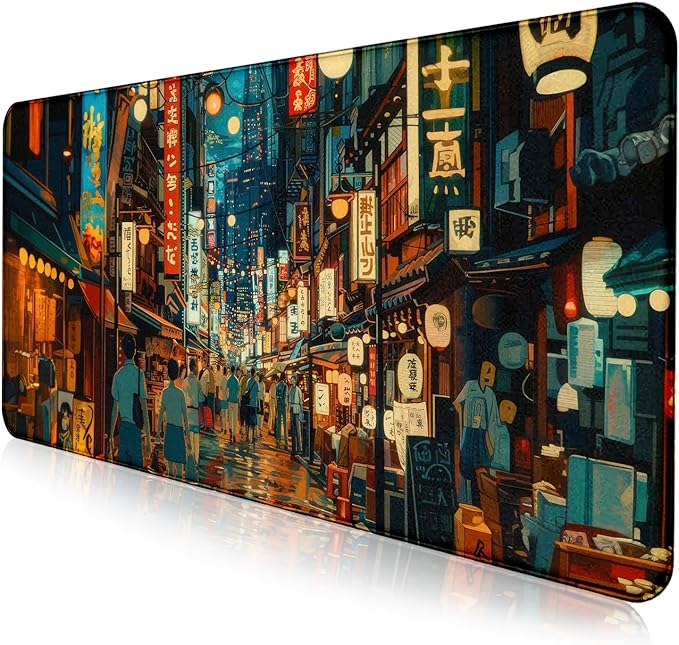 Cute Japanese Street Keyboard Desk Mat, Tokyo Night View Computer Mouse Mat | Large Extended Mouse Pad; Full Desk Coverage; Waterproof Coating; Stable Anti-Slide Base For Gaming, Office, Study Daily Use by LQFIWSS