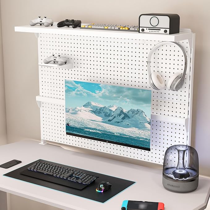 Clamp-On Desk Pegboard with Single Monitor Stand, 43x35 Inch Steel Peg Board Organizer with Hooks & Movable Panel for Gaming & Office, White - Image 2