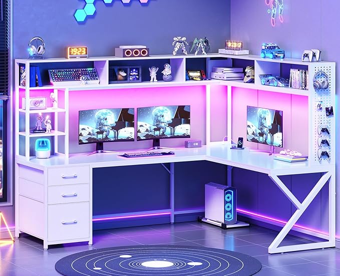 SEDETA Corner Gaming Computer Desk with Storage Drawers, Hutch, LED Lights | Convertible 94.5" Home Office Desk with Power Outlet, Pegboard, Large Desktop, Two Person Desk, White by SEDETA
