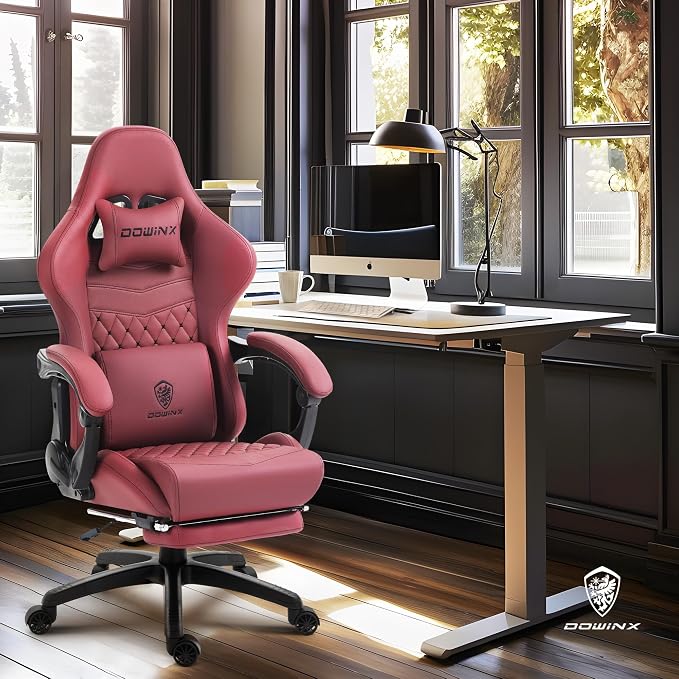 Dowinx Big & Tall Vintage Gaming Chair for Adults, 400 lb Capacity Heavy Duty Ergonomic Computer Chair with Massage Lumbar, Footrest & Easy Side Recline, Red - Image 2