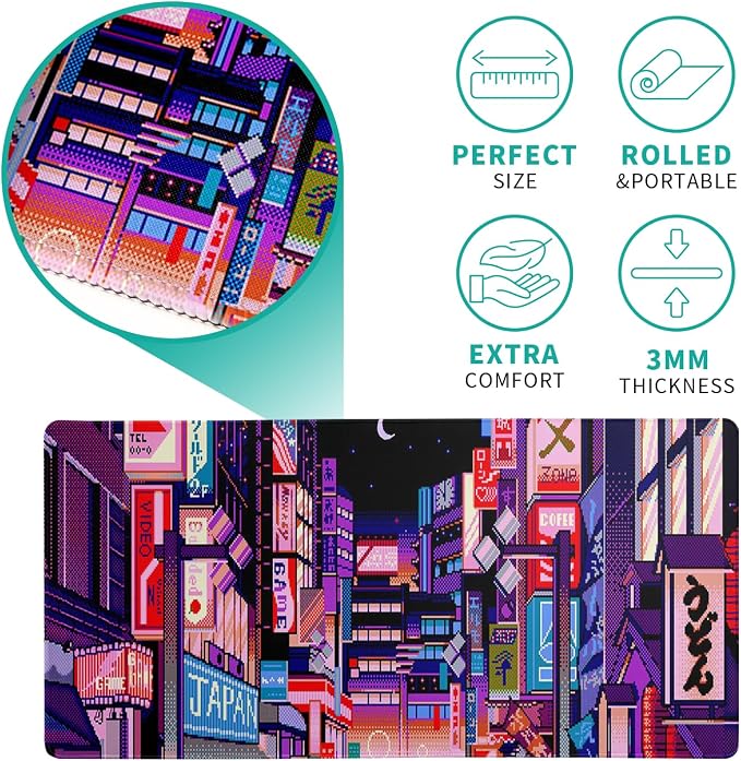 Dark Purple Japanese Gaming Mouse Pad Abstract Anime Mat 27.6x11.8 Inch Tokyo Pixel Street Texture Non-Slip Rubber Base Kawaii Mousepad Stitched Edges Keyboard Desk Pad for Office and Home Game - Image 5