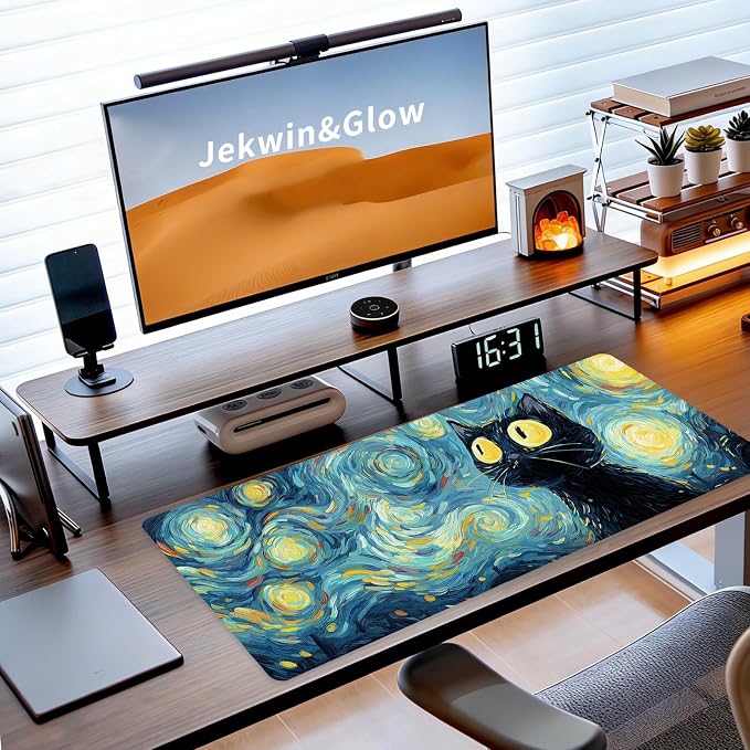 Gaming Mouse Pad, Big Cute Mousepad, XL Large Extended Desk Mat with Non-Slip Rubber Base, Laptop Desk Pad, Computer Keyboard Mat Office&Home, 31.5x11.8in, Starry Night Black Cat - Image 3