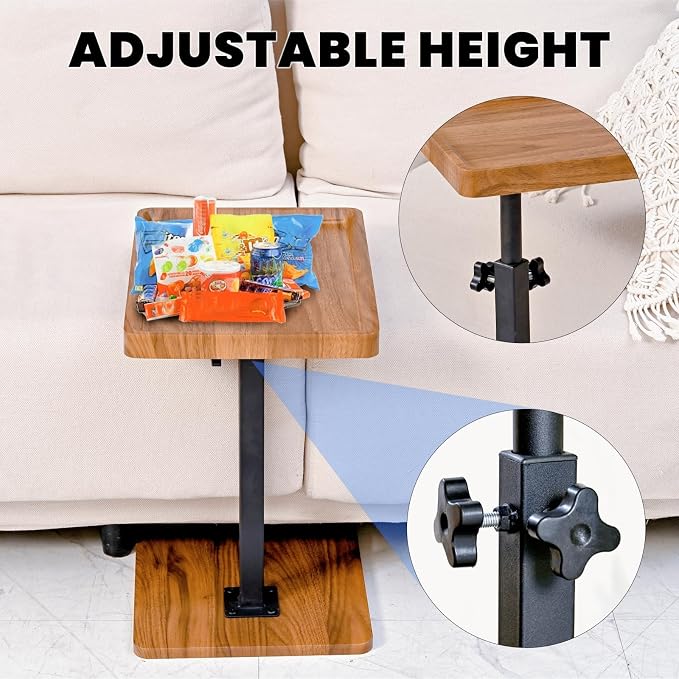C Table End Table Adjustable Height,C Shaped End for Couch，Snack Tables,360°Swivel TV Tray Sofa Table,Tables that Slide Under,Coffee SideTable for Bed,Chair,Bath-tub (Original Wood Color) - Image 4