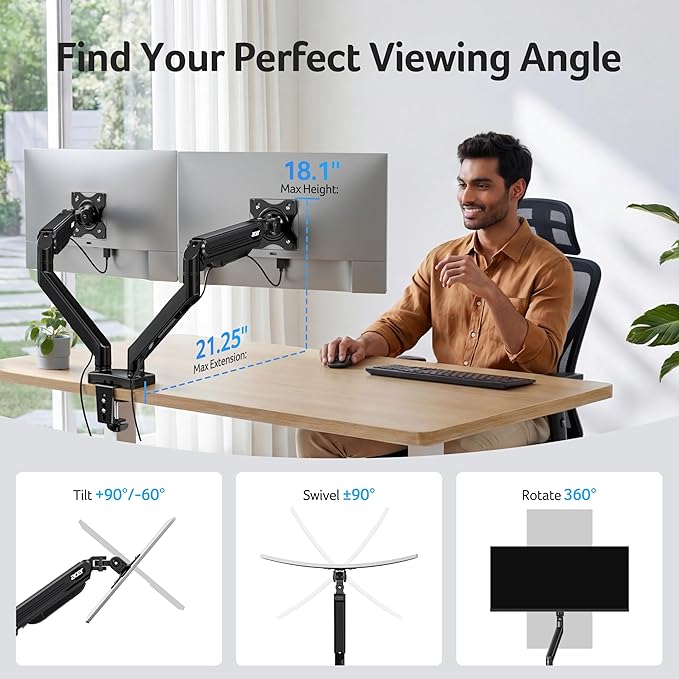 Acer Dual Monitor Arm, Gas Spring VESA Mount Stand for 17-32" Screens | Computer Desk Arm Fully Adjustable VESA 75x75/100x100 with C-Clamp & Grommet Mounting Base, Each Arm Holds 4.4 to 19.8 lbs - Image 3