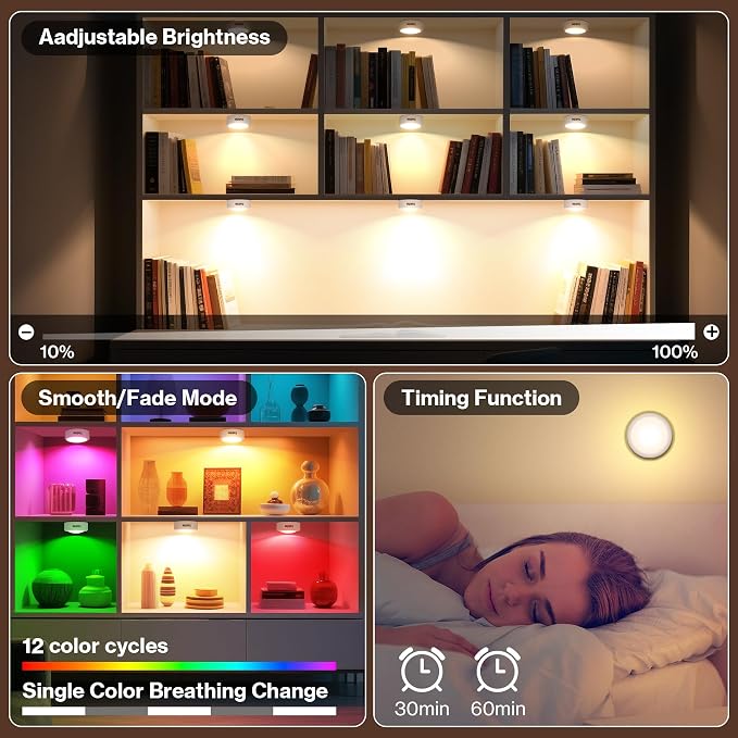 Cadrim Puck Lights, 13 Colors Changeable LED Puck Lightings, LED Lamp for Bedroom, Under Cabinet Lamps, Under Cabinet Lighting with 2 Wireless Remote Controls for Kitchen(6 Pack) - Image 3