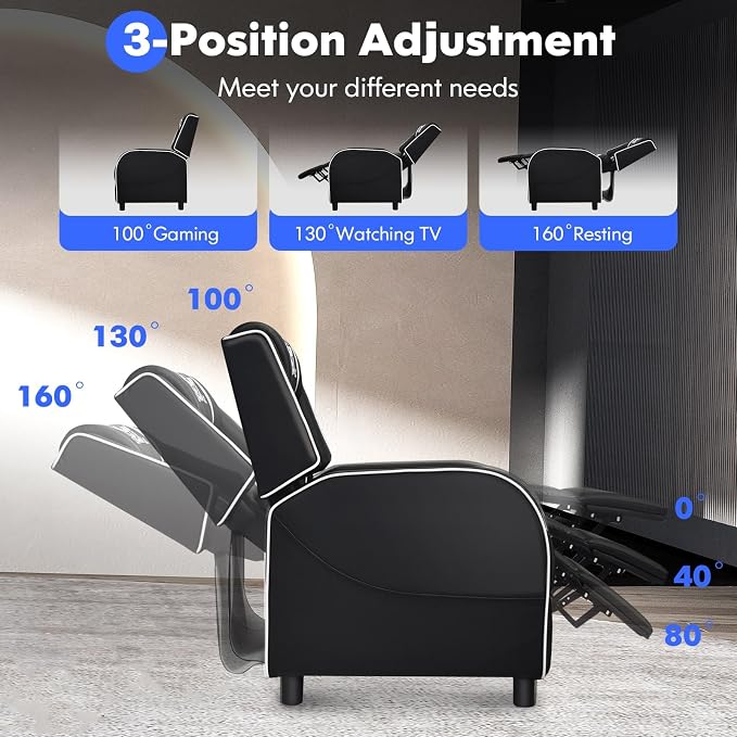 GYMAX Gaming Recliner, Massage Gaming Chair with Adjustable Backrest Footrest, Remote Control & Side Pocket, Ergonomic Game Lounge Chair, Racing Style Single Theater Seat Game Sofa for Adults (White) - Image 5
