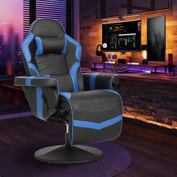 Massage Gaming Recliner Chair with Cup Holder & Side Pockets – Ergonomic PU Leather Video Gaming Chair with Footrest, Manual Recline, Headrest & Lumbar Support for Office or Game Room (Blue) - Image 9