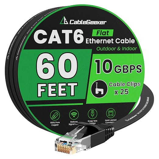 CableGeeker Cat 6 Flat Ethernet Cable 60ft, 10Gbps, Black by CableGeeker