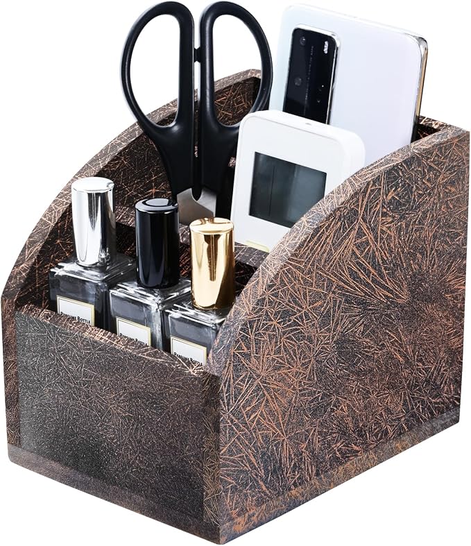 Rustic Vintage Wooden Desk Organizer Farmhouse Wood Remote Control Caddy 3 Slot Tabletop Desktop Office Supply Storage Rack Desktop TV Remote Control Holder Home Decor Office Supplies (Metallic color) - Image 4