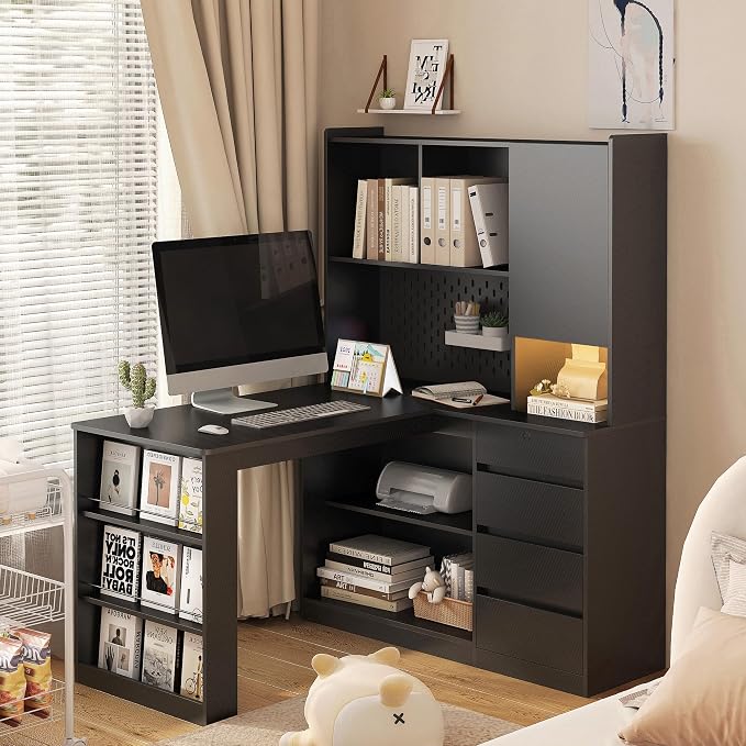 KEIKI L Shaped Home Office Desks with LED Light, Pegboard, Hutch, Drawers, Bookshelf & Storage Shelves, Modern Wooden Gaming Computer Corner Table for Work, Study, Writing - Image 2