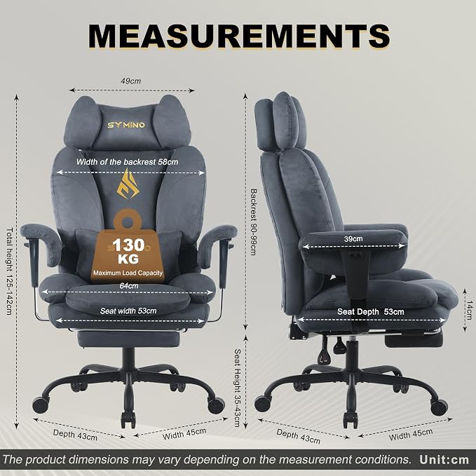 Symino Gaming Chair with Footrest, Up/Down Armrests, Suede Fabric Ergonomic Office Chair, 150° Recline Computer Chair for Desk, Grey - Image 3