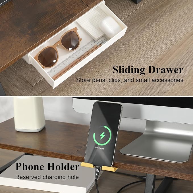 TEAMIX 42 inch Dual Monitor Stand with Storage Drawer & Phone Holder, Brown | Laptop, PC, Printer, TV Stand Riser, Wood & Steel, Holds 300lbs, Keyboard & PS5 Storage underneath, For Home Office & Gaming - Image 3