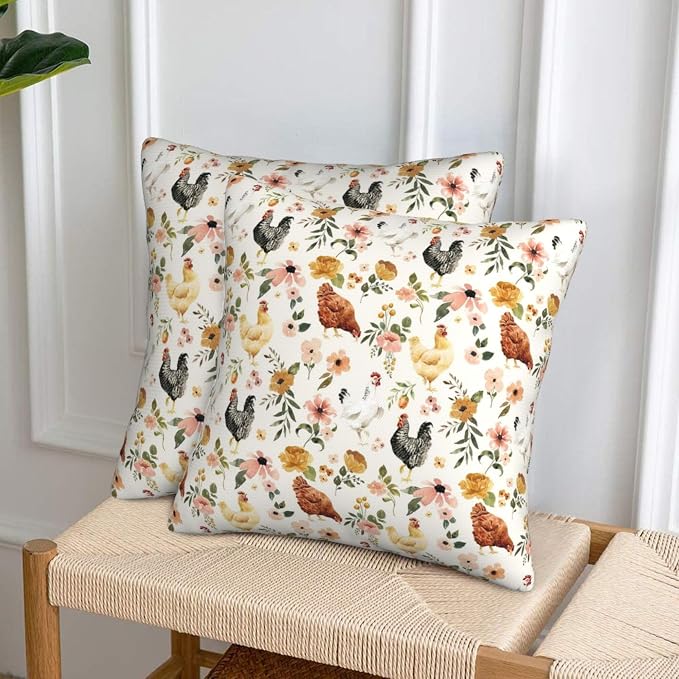 Chicken Pillow Cases & Throw Pillow Covers Set of 2, 18x18 Inch Soft Short Plush, Gifts for Chicken Lovers, Farmhouse Floral Decor for Living Room Bedroom Game Room(Chicken) - Image 2