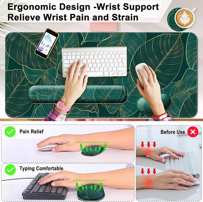 4 in 1 Mouse Pad and Keyboard Wrist Rest,Large Desk Mat,Coaster Set-Leaves - Image 2