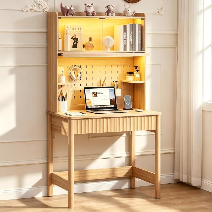 Lvifur 31.5" LEDStudy Desk with Hutch,Outlets,Reading Lights | Computer Desk with Charging Station,2 Drawer,Compact Writing Desks,Home Office Desks for Bedroom,Natural by LVifurSmartFurniture