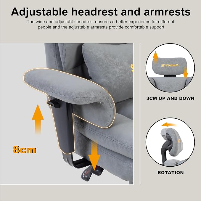 Symino Gaming Chair with Footrest, Up/Down Armrests, Suede Fabric Ergonomic Office Chair, 150° Recline Computer Chair for Desk, Grey - Image 7