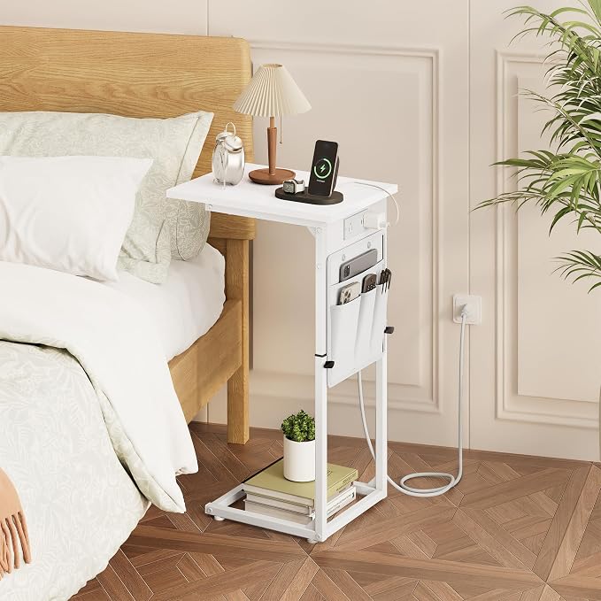 Vagusicc C Shaped End Table with Charging Station, Adjustable Height Side Table for Couch, Small Sofa Table for Small Spaces, Slide Under Sofa Table TV Tray Arm Tables for Living Room, Bedroom, White - Image 9