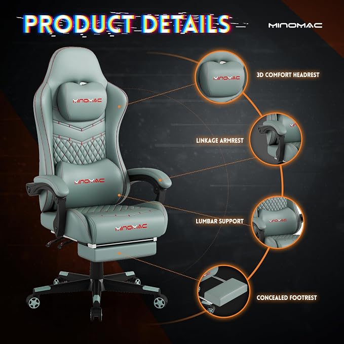 Gaming Chair,Ergonomic Computer Gaming Chair,400lb Load-Bearing,Retractable Footrest/Waist Support/Ergonomic Backrest[Spring + 4D Sponge] (Green) - Image 4