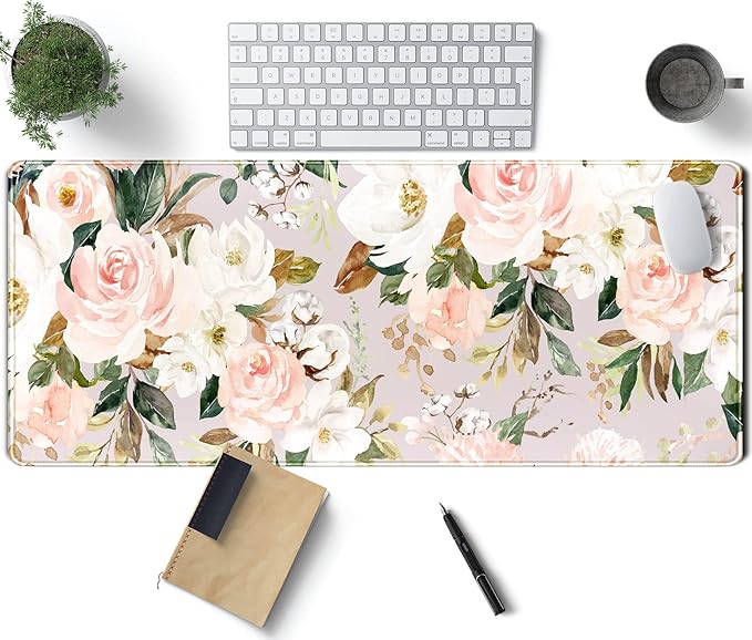 Pink Flowers Keyboard Pad PC Gaming Desk Mat Desk Mouse Pads Green Leaves Floral Mouse Pad Large, Computer XL Big Mousepad Deskpad Mat with Stitched Edge for Women Home Office Decor 31.5x11.8 in by TENG+DA+QING