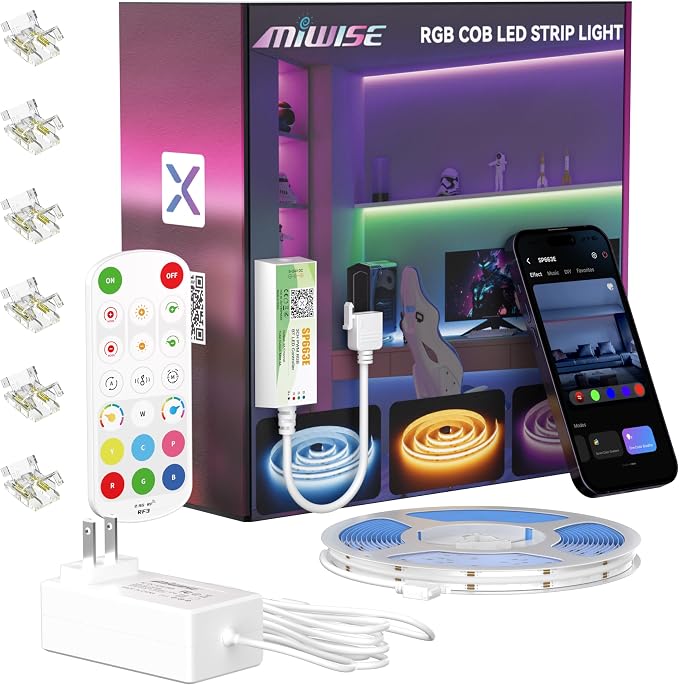MIWISE RGB COB LED Strip Light, UL-Listed Music Sync Color Changing Dimmable Super Bright LED Lights, Multicolor Flexible Tape Light with RF Remote/App Control, for Bedroom, Party DIY Decor, 16.4ft by MIWISE