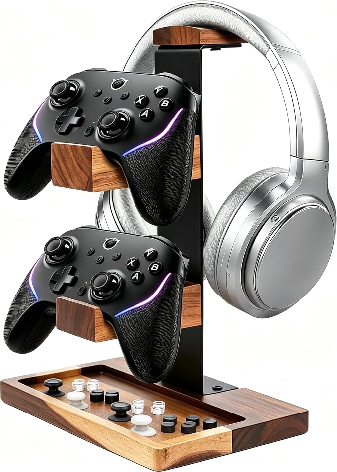 Acacia Wood Gaming Headset Stand & Dual Controller Holder, Solid Wood Desk Organizer Compatible with PS5, Xbox, Switch, Over-Ear Headphones, Gamer Gift for Men by Homeessentials
