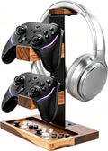 Acacia Wood Gaming Headset Stand & Dual Controller Holder, Solid Wood Desk Organizer Compatible with PS5, Xbox, Switch, Over-Ear Headphones, Gamer Gift for Men by Homeessentials