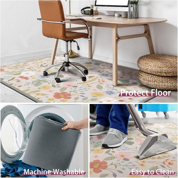 Office Chair Mat for Hardwood & Tile Floor,Boho Floral 36"x48" Office Computer Chair Mat for Rolling Chairs,Under Desk Non Slip Gaming Rug,Rubber Backing Large Low-Pile Carpet Protector Mat(Cream) - Image 6