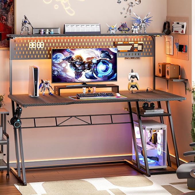 Armocity Gaming Computer Desk with Hutch and LED Lights, 53'' Black Gaming Desk with Storage Shelves, Reversible PC Gamer Desks with Pegboard, Ergonomic Desk for Bedroom, Carbon Fiber Surface - Image 7