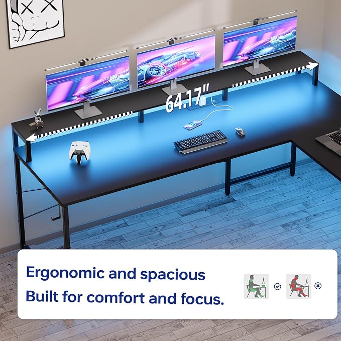 Pamray 64 Inch L Shaped Gaming Desk with Monitor Stand and Power Outlets | Large Corner Computer Desk With Pegboard & Led Lights USB Charging Ports for Home Office Study and Writing Bedroom and Dorms - Image 4