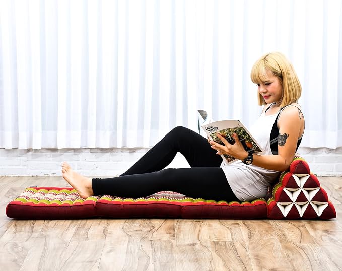 Leewadee - Comfortable Japanese Floor Mattress Used As Thai Floor Bed with Triangle Cushion, Futon Mattress Or Thai Massage Mat, 67 x 21 inches, Green Red | Floor & lounge cushion for relaxing, reading & TV - for meditation & yoga, firm & stable by Leewadee