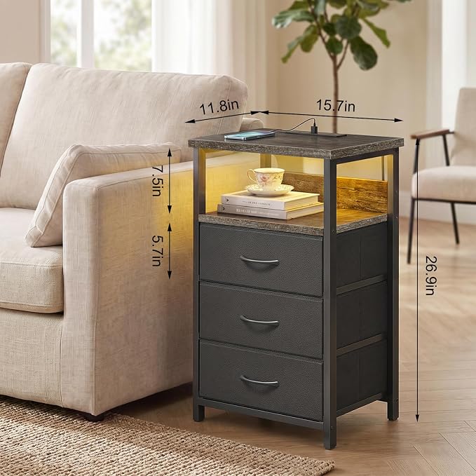 Fixwal Night Stand with 3 Fabric Drawers, Nightstand with Charging Station - Image 3