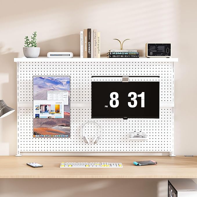 Clamp-On Metal Desk Pegboard with Dual Monitor Stand–No Drilling Needed! 59x35 Inch Steel Privacy Panel with Hooks & Movable Partition, Peg Board Wall Organizer for Gaming & Office by Unknown