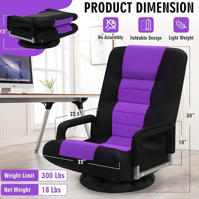 Swivel Floor Gaming Chair w/Armrests,Folding Video Reclining Sofa w/6 Adjustable Position, Padded Backrest & Cushion, Lazy Lounger Couch for E-Sports, Reading, Relaxing, Watching TV, Purple - Image 3