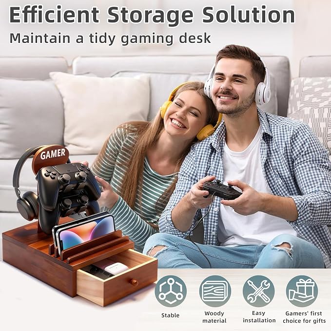 Gamer Controller Holder Headphone Stand with Storage Drawer for Gaming Equipment,Wood Gamer Gifts for Teenage Boy,Headpset Stand Gaming Desk Accessories for Fathers Day Men,Son,Husband - Image 4