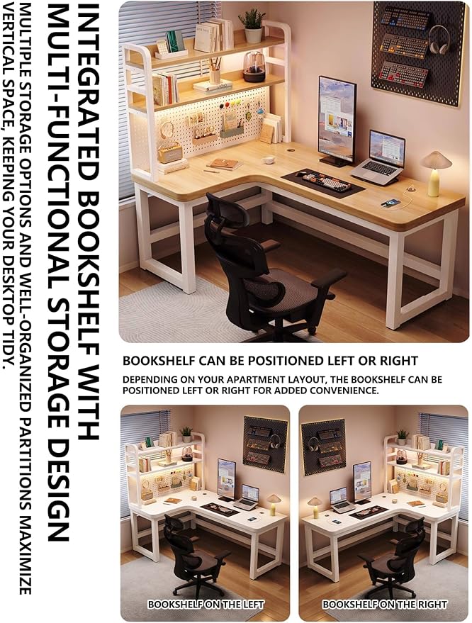Modern L-Shaped Gaming Desk with DIY Pegboard, Corner Computer Table with Bookshelf and Storage Shelves, Sturdy White Metal Frame, Writing Workstation for Small Spaces(Black,Left,70.9in) - Image 3