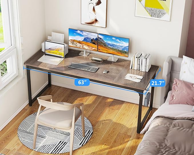 Casaottima 63 Inch Computer Desk for Home Office, Study Writing Table for Small Spaces, Simple Modern Desk with Headphone Hooks, Grey Oak - Image 4
