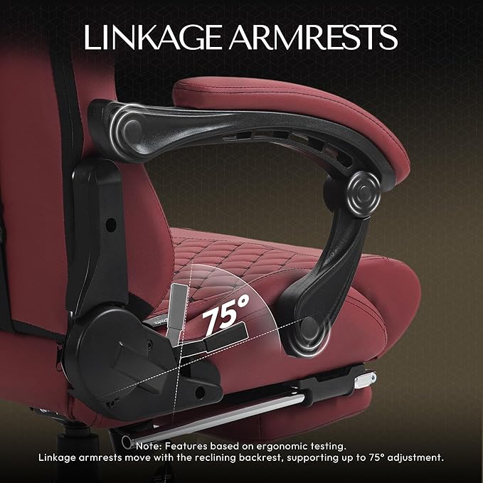 Dowinx Big & Tall Vintage Gaming Chair for Adults, 400 lb Capacity Heavy Duty Ergonomic Computer Chair with Massage Lumbar, Footrest & Easy Side Recline, Red - Image 5