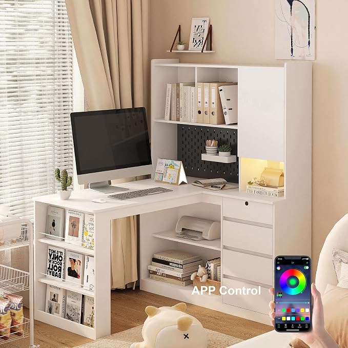 KEIKI L Shaped Home Office Desks with LED Light, Pegboard, Hutch, Drawers, Bookshelf & Storage Shelves, Modern Wooden Gaming Computer Corner Table for Work, Study, Writing - Image 4