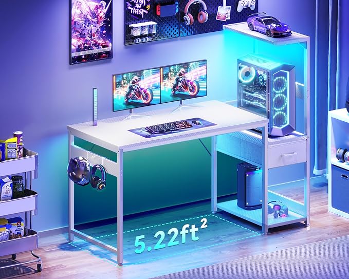 Casaottima 48'' Gaming Desk with LED Lights & CPU Stand, Reversible Computer Desk with Storage Shelves & Fabric Drawer, Modern PC Gamer Table with Headphone Hook, Carbon Fiber White - Image 4