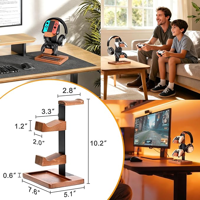 Solid Wood Controller Holder and Headphone Stand, Controller Stand for Desk | Dual Gaming Controller Organizer Rack, Fits Xbox, PS4, PS5, Gamepad, Headset Holder for Son, Husband, Boyfriend - Image 7