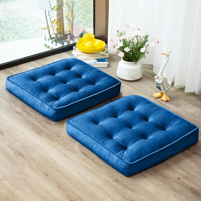 1 MIDDLE ONE Floor Pillow Set of 2, Memory Foam Meditation Cushion, Floor Cushions for Adults Sitting, Large Square Seat Cushions for Yoga, Couch, Sofa, Kids, Living Room, 20x20 Inch (Navy Blue) by 1MIDDLEONE