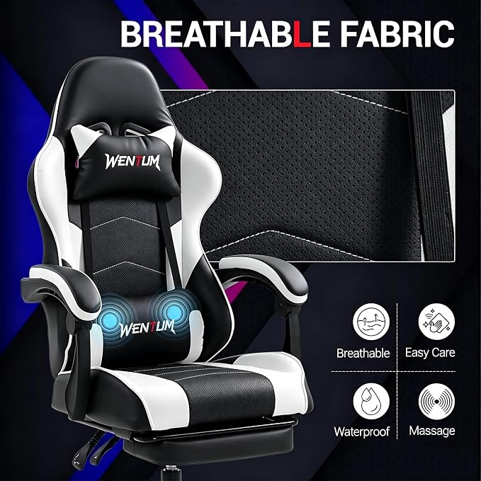 Gaming Chair with Footrest for Adults, PU Leather Massage Racing Video Game Chair with Lumbar Support for Men Women, Ergonomic Computer Gamer Chair for Home Office, Height Adjustable, White - Image 6